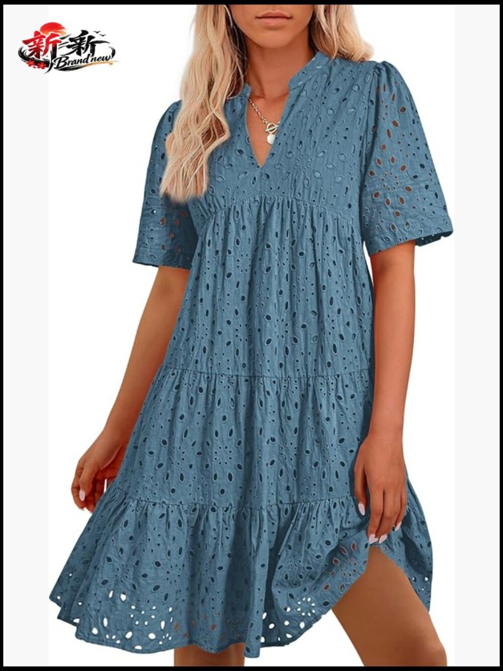 Boho V-Neck Mini Dress Short Sleeve Hollow Out Lace Ruffle Casual Beach - Picture 1 of 7